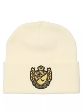 PINK Victoria's Secret Cream Beanie with Embroidered Crest